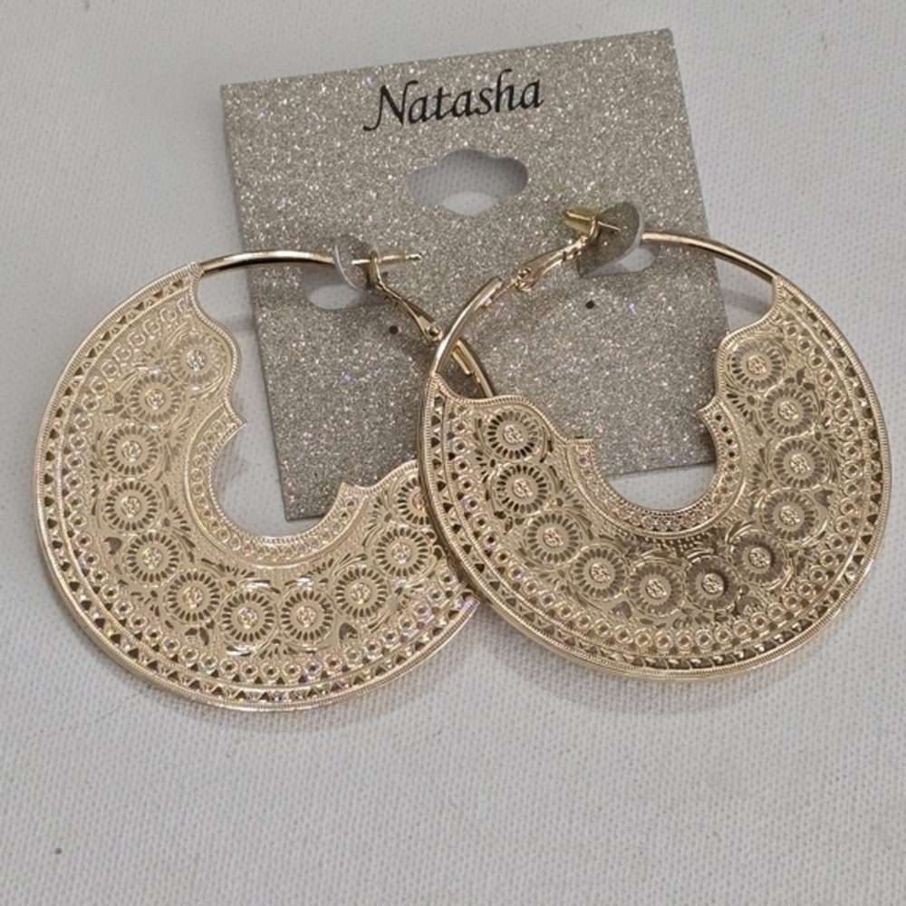 Natasha Gold Tone Filigree Mandala‎ Crescent Hoop HUGE Statement Earrings New
